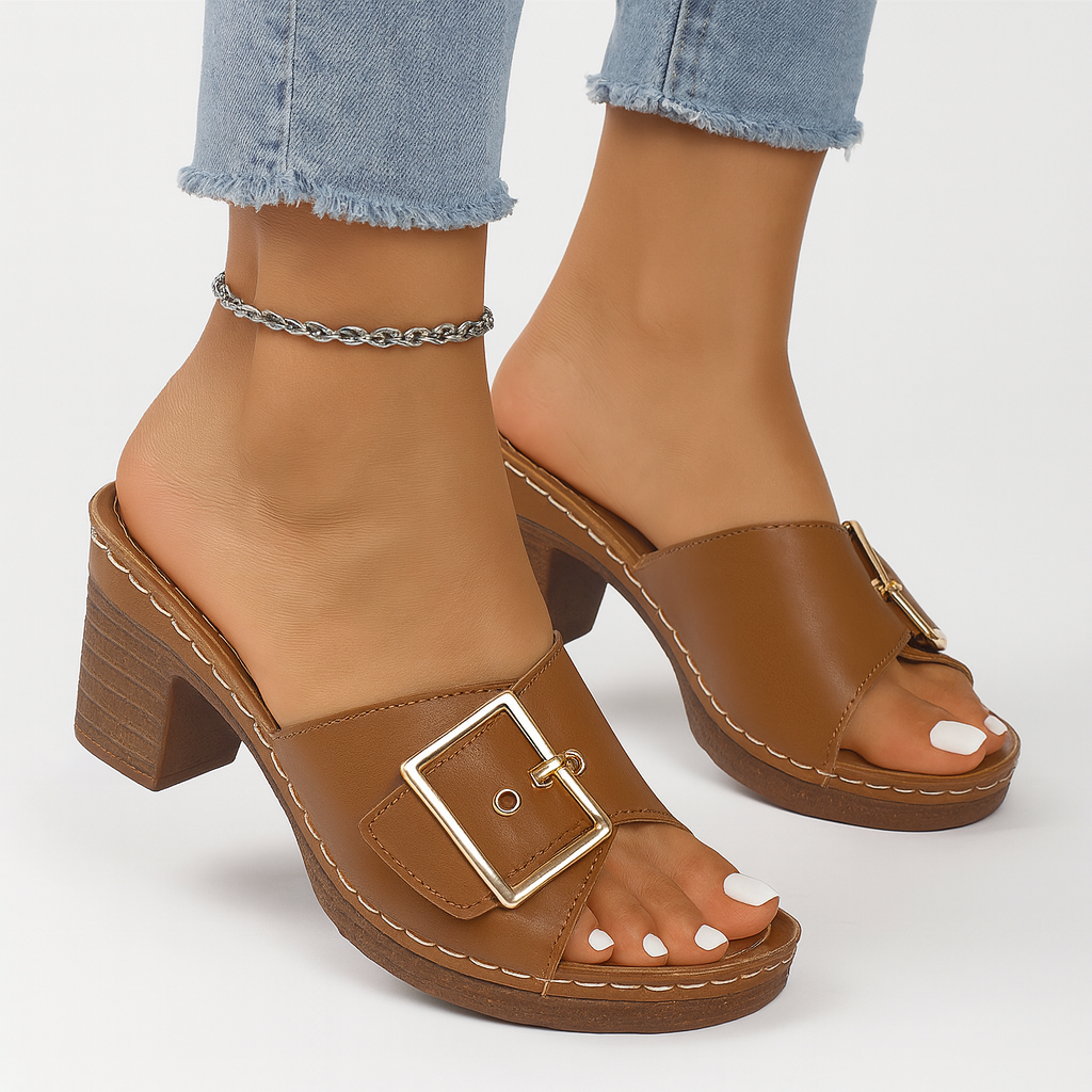 Women's Leather Sandals dark brown with model