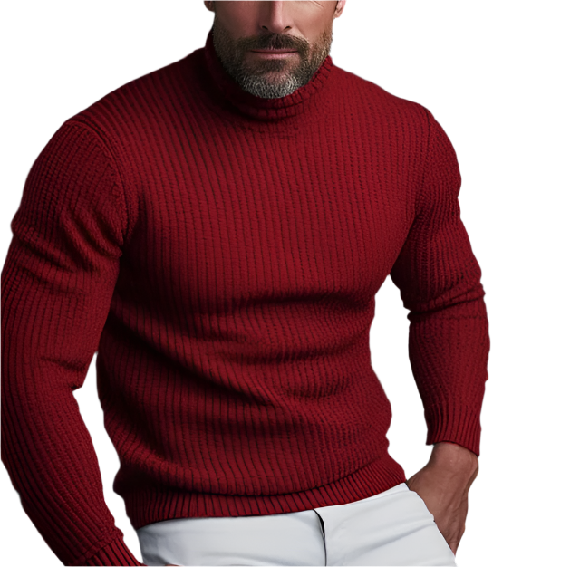 Homme portant un pull rouge à col roulé en maille, manches longues, avec un pantalon blanc. Mode masculine élégante et tendance automne-hiver.
