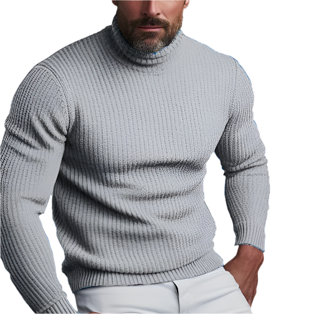 Homme portant un pull col roulé gris texturé, manches longues, style élégant et moderne, mode masculine automne-hiver, vêtements confortables.