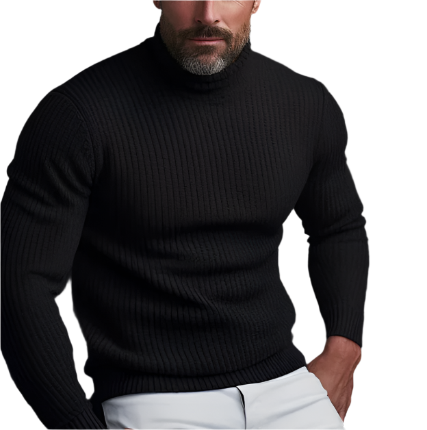 Homme portant un pull noir à col roulé en maille côtelée, manches longues, avec un pantalon blanc. Mode masculine élégante et moderne.
