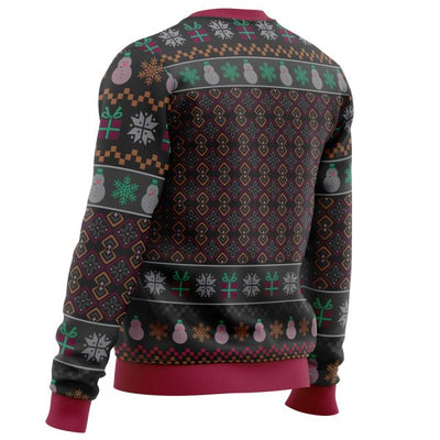 Pull de Noël noir avec motifs festifs colorés, incluant flocons de neige, bonhommes de neige et cadeaux. Design original et tendance pour fêtes.