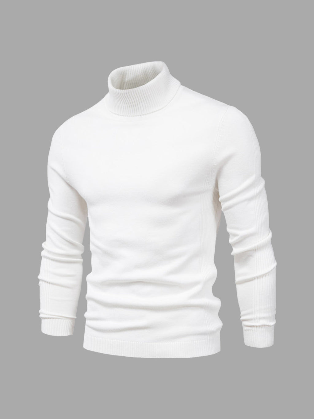 Pull col roulé blanc pour homme, manches longues, design élégant et moderne, idéal pour l'hiver et la mode masculine.