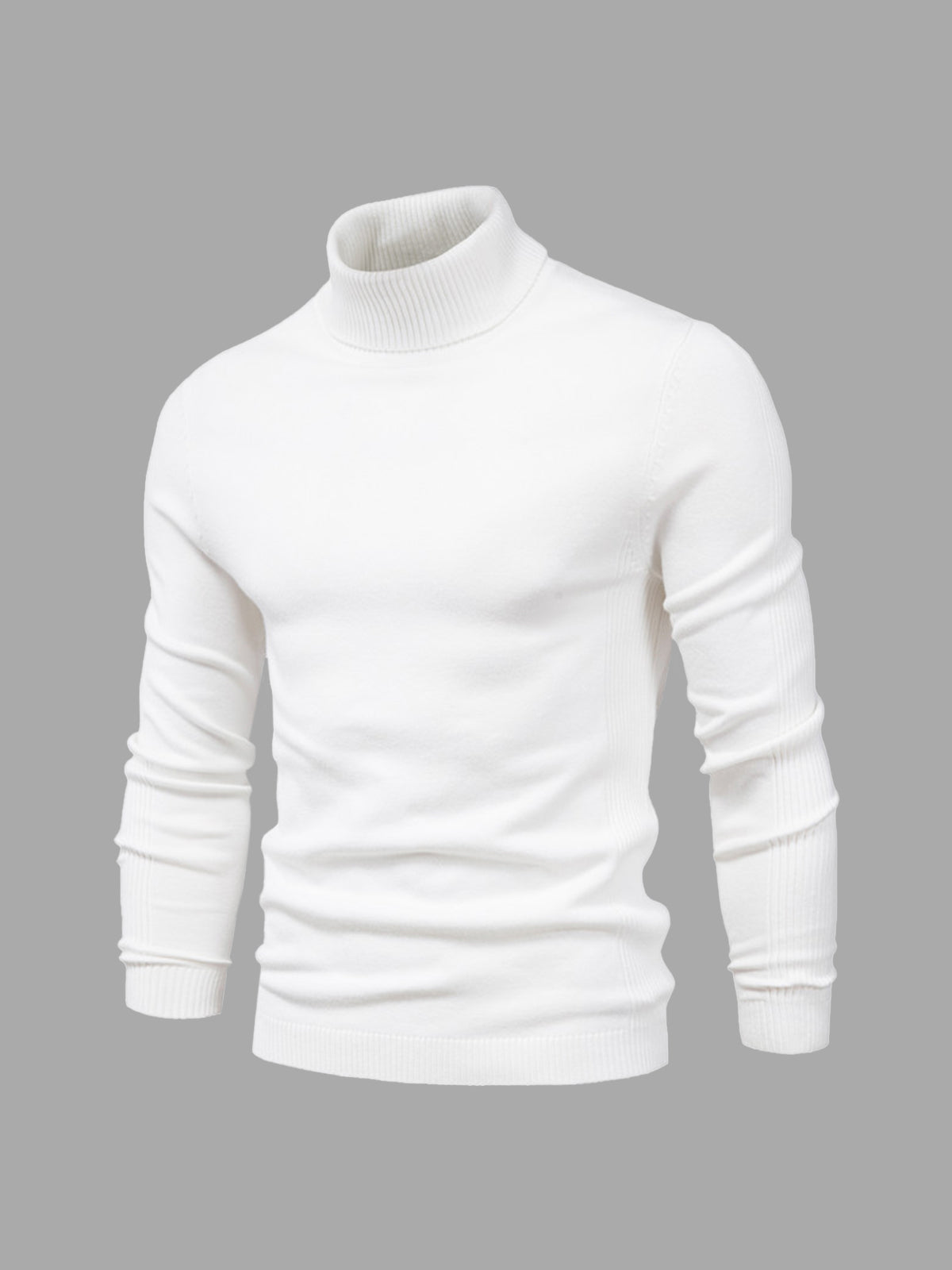 Pull col roulé blanc pour homme, manches longues, design élégant et moderne, idéal pour l'hiver et la mode masculine.