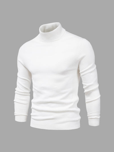 Pull col roulé blanc pour homme, manches longues, design élégant et moderne, idéal pour l'hiver et la mode masculine.