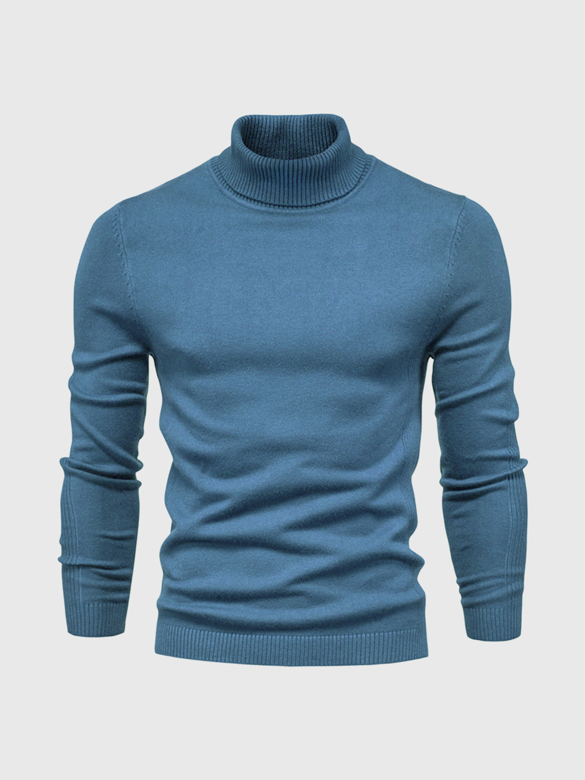 Pull col roulé bleu pour homme, manches longues, tricoté, style élégant et moderne, idéal pour l'hiver et les tenues décontractées.