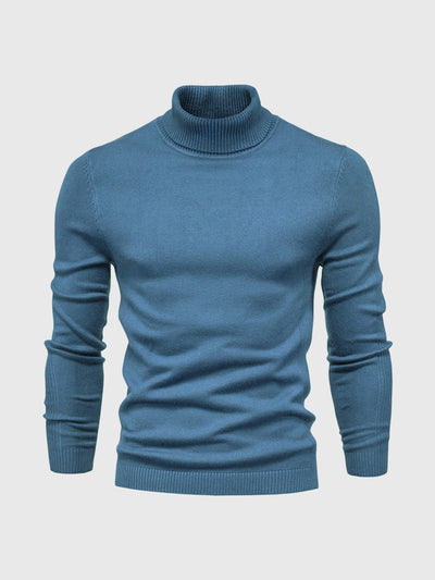 Pull col roulé bleu pour homme, manches longues, tricoté, style élégant et moderne, idéal pour l'hiver et les tenues décontractées.