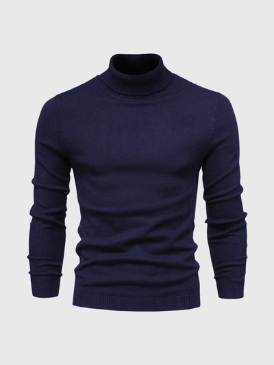 Pull col roulé bleu marine pour homme, manches longues, style élégant et moderne, idéal pour l'hiver et les tenues décontractées.
