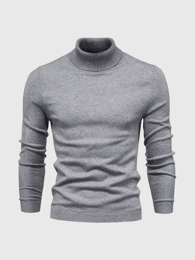Pull col roulé gris pour homme, manches longues, tricoté, style élégant et moderne, idéal pour l'hiver et les tenues décontractées.