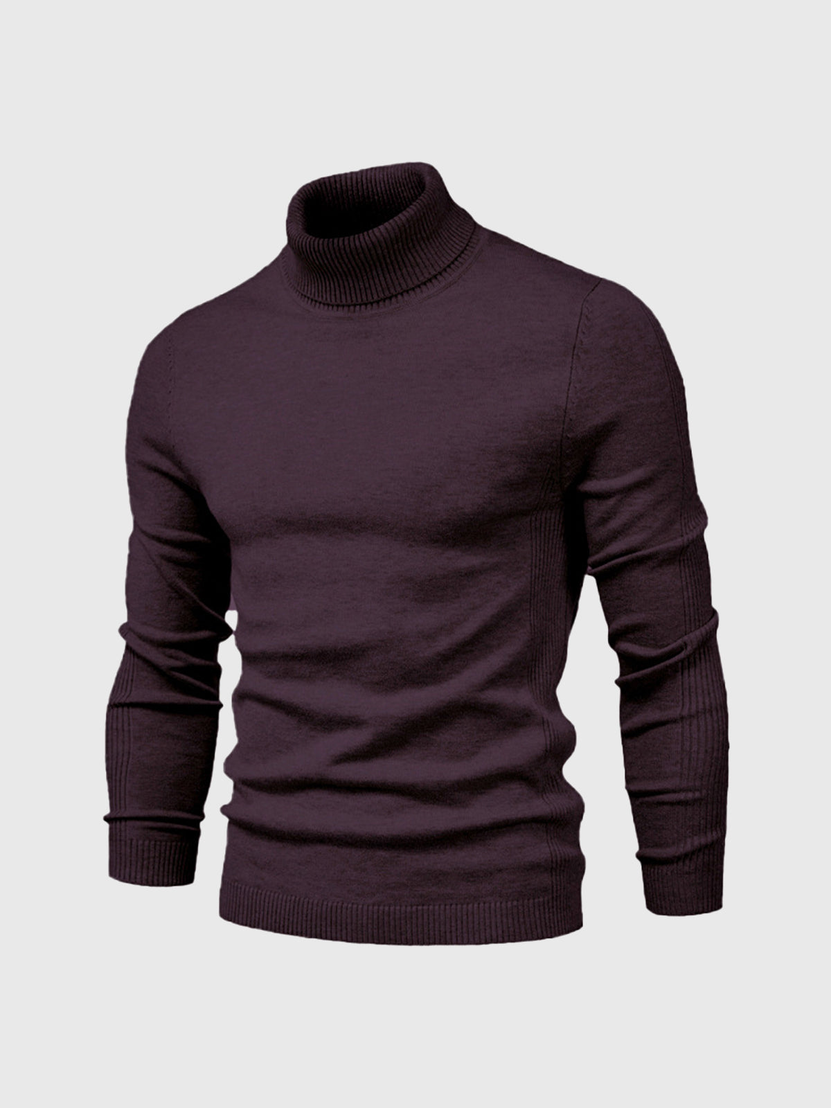 Pull col roulé en laine marron foncé, manches longues, texture côtelée, style élégant et moderne, idéal pour l'hiver et la mode masculine.