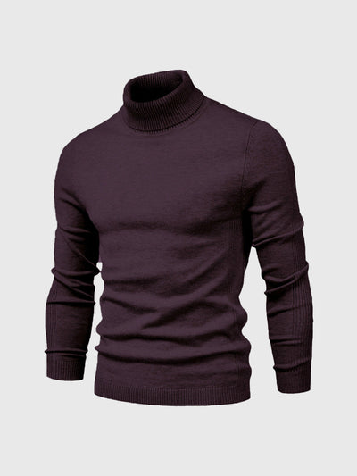 Pull col roulé en laine marron foncé, manches longues, texture côtelée, style élégant et moderne, idéal pour l'hiver et la mode masculine.