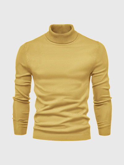 Pull col roulé jaune moutarde pour homme, manches longues, en laine douce. Mode automne-hiver, style élégant et confortable.