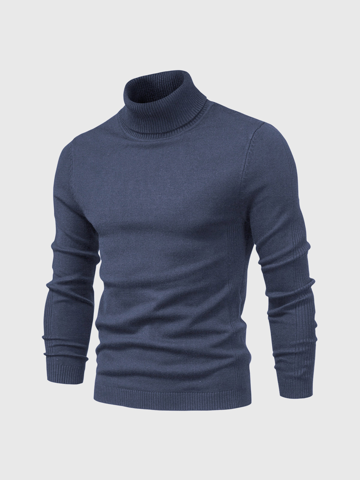 Pull col roulé bleu marine pour homme, manches longues, tricoté, style élégant et moderne, idéal pour l'hiver et les tenues décontractées.