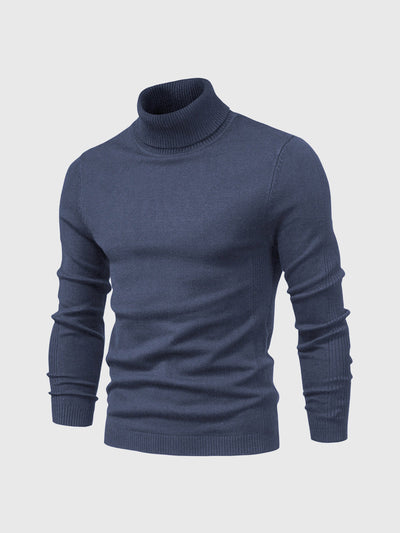 Pull col roulé bleu marine pour homme, manches longues, tricoté, style élégant et moderne, idéal pour l'hiver et les tenues décontractées.