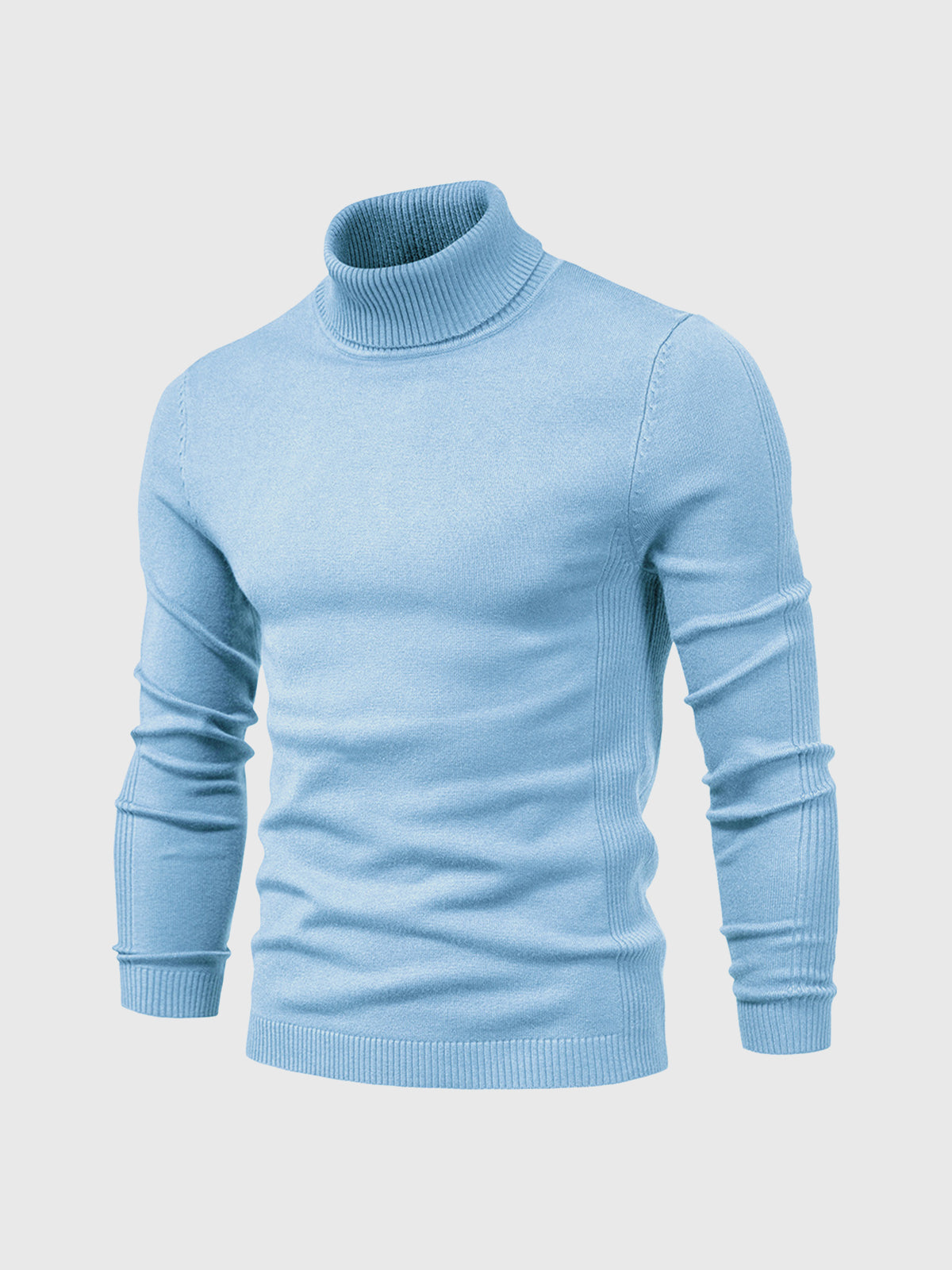Pull col roulé bleu clair pour homme, manches longues, tricoté, style élégant et moderne, idéal pour l'hiver et la mode masculine tendance.