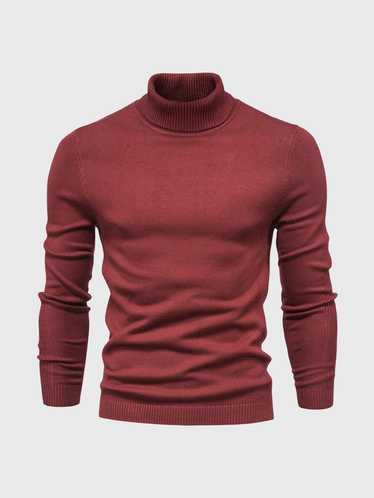 Pull col roulé rouge bordeaux pour homme, manches longues, tricoté, élégant et moderne, idéal pour l'automne et l'hiver, mode masculine tendance.