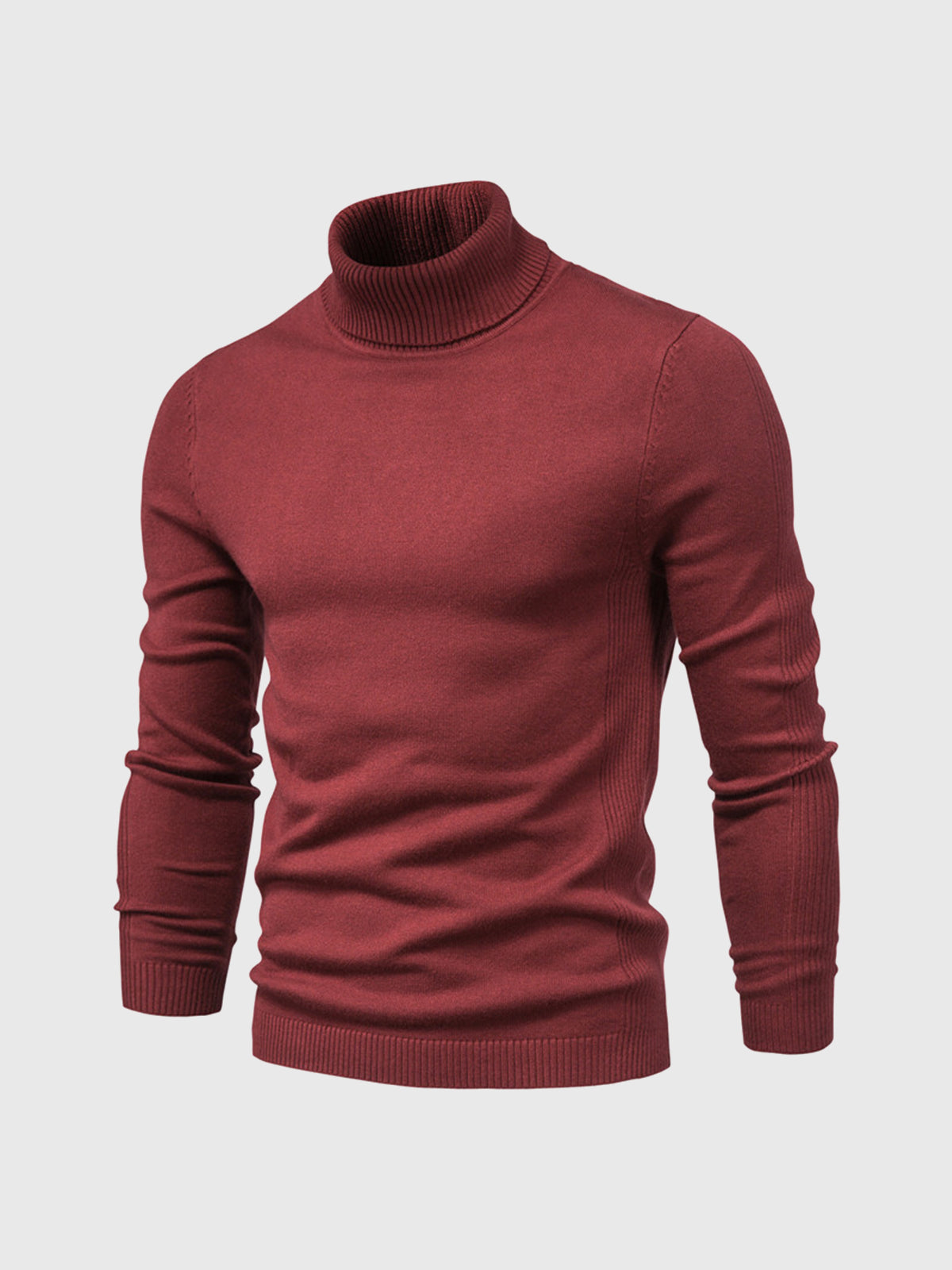 Pull col roulé rouge bordeaux pour homme, manches longues, tricoté, style élégant et moderne, idéal pour l'hiver et les occasions décontractées.