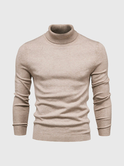 Pull col roulé beige pour homme, manches longues, en laine douce, style élégant et moderne. Mode automne-hiver, vêtement chaud et confortable.