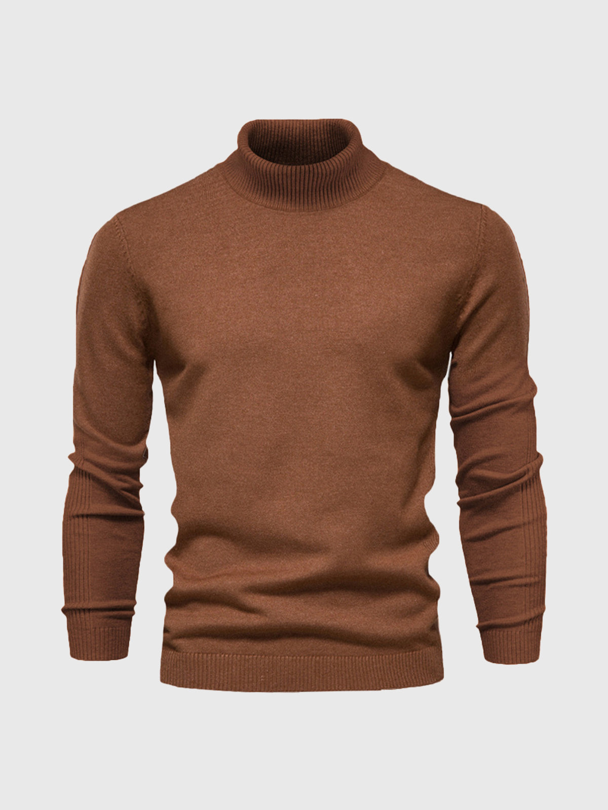 Pull col roulé marron pour homme, manches longues, tricoté, style élégant et moderne, idéal pour l'automne et l'hiver, mode masculine tendance.