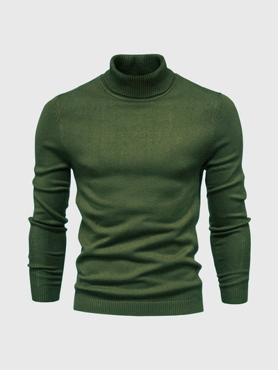 Pull col roulé vert pour homme, manches longues, style élégant et moderne, idéal pour l'hiver. Mode masculine, vêtement chaud et confortable.