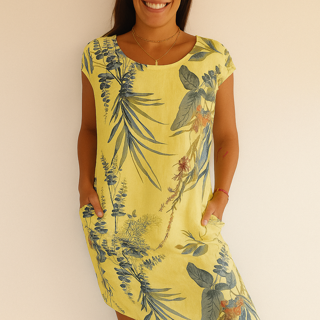 Linen dress yellow with model