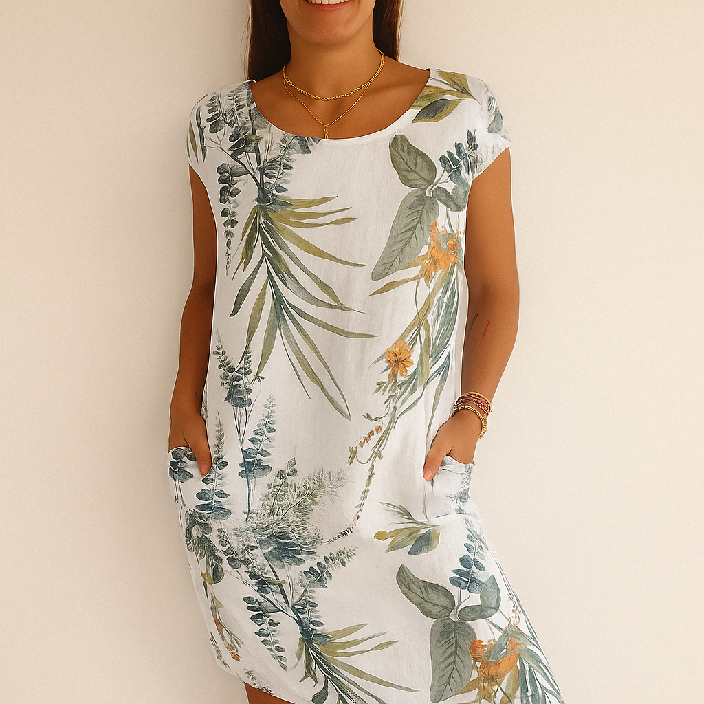 Robe d'été blanche à motifs floraux verts et orange, manches courtes, poches latérales, portée par une femme souriante. Mode féminine estivale.