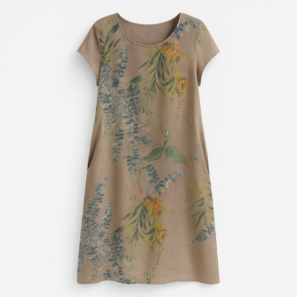 Robe en lin beige à manches courtes avec imprimé floral vert et jaune, style décontracté, idéale pour l'été. Mode féminine élégante et confortable.