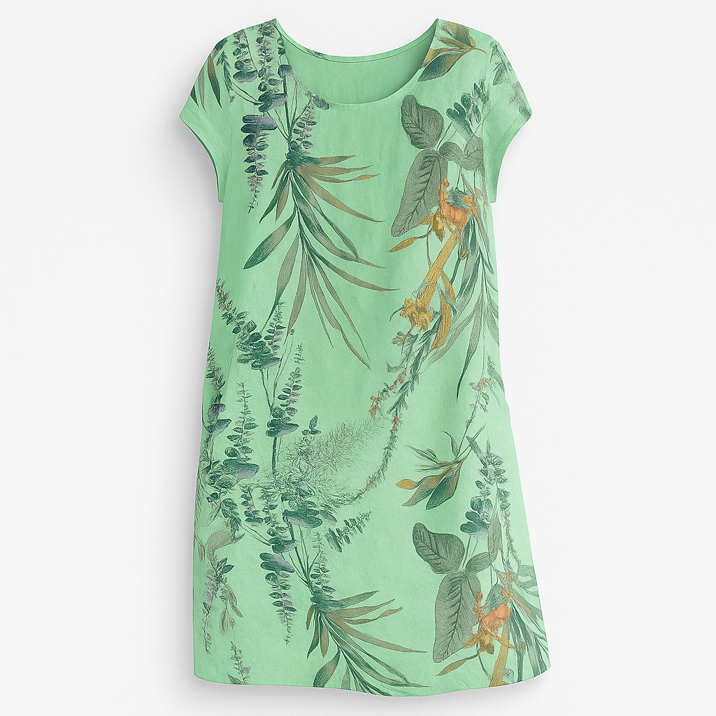 Robe verte à manches courtes avec imprimé floral tropical, motifs de feuilles et fleurs orange, style décontracté, idéale pour l'été.