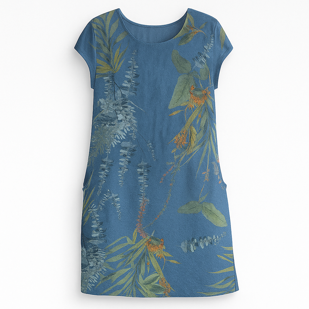 Robe droite bleue à manches courtes avec motif floral tropical vert et orange, style décontracté, idéale pour l'été. Mode féminine tendance.
