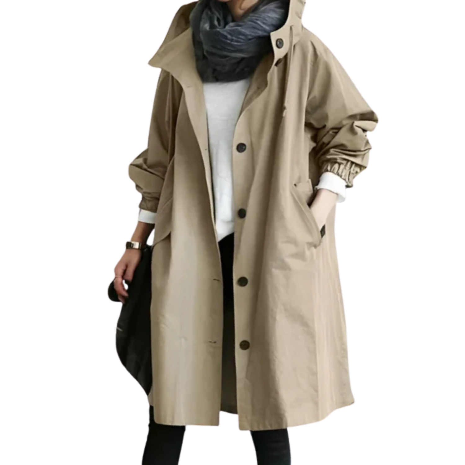 Manteau trench beige pour femme, style automne, avec boutons noirs et poches, porté avec écharpe grise et pantalon noir. Mode élégante et tendance.