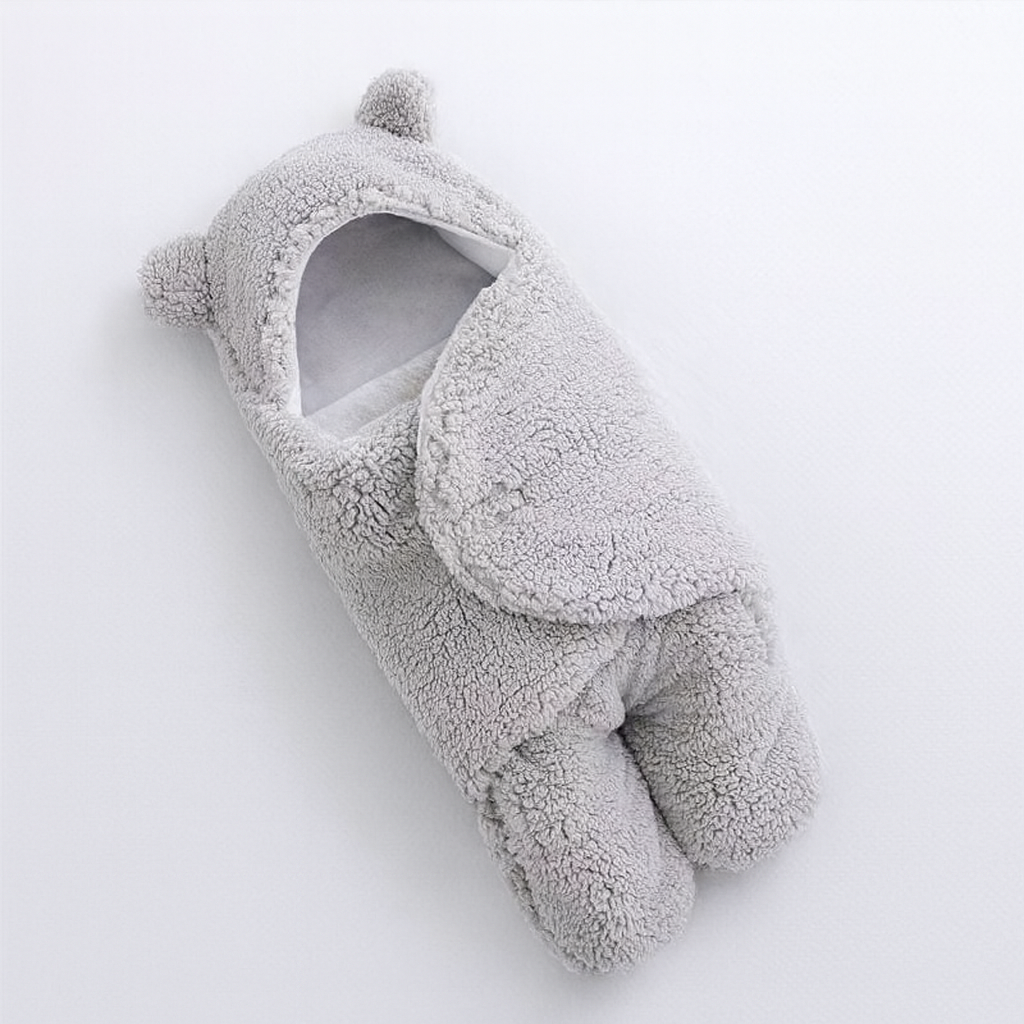 Combinaison bébé en polaire grise avec capuche à oreilles, idéale pour l'hiver. Vêtement chaud et douillet pour nouveau-né, style mignon et confortable.