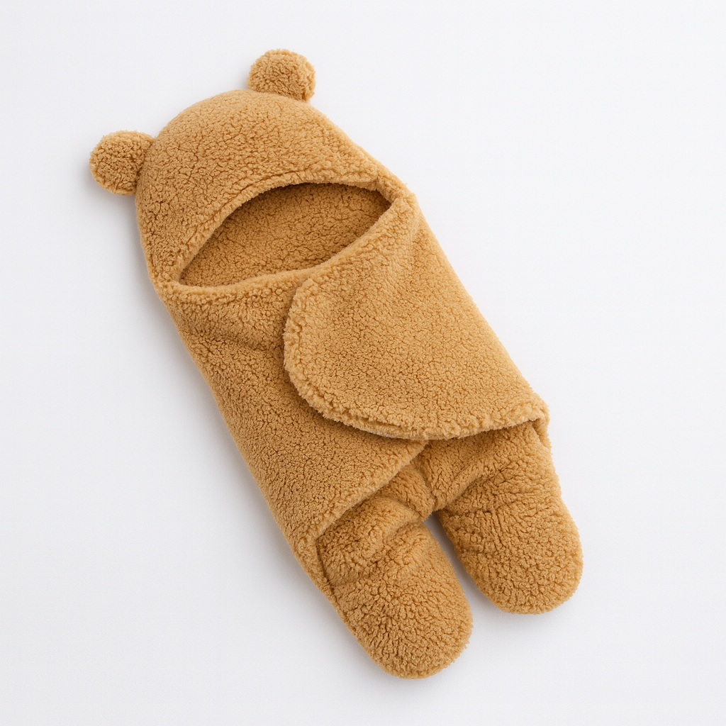 Combinaison bébé en polaire marron avec capuche à oreilles d'ours, idéale pour l'hiver. Vêtement chaud et douillet pour nouveau-né.