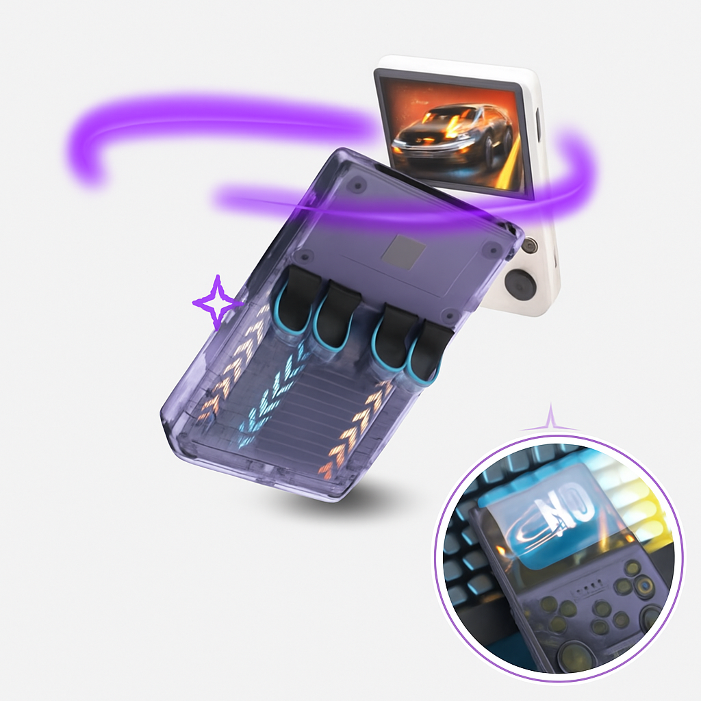 Console de jeu rétro portable avec écran couleur affichant une voiture de course, boutons de commande visibles, design transparent et effets lumineux violets.