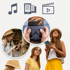 Jeune femme souriante avec chapeau de paille, tenant une console de jeu portable, entourée d'icônes multimédias: musique, livre, vidéo.