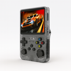 Console de jeu portable rétro transparente avec écran affichant une voiture de course. Boutons colorés A, B, X, Y visibles. Design moderne et compact.