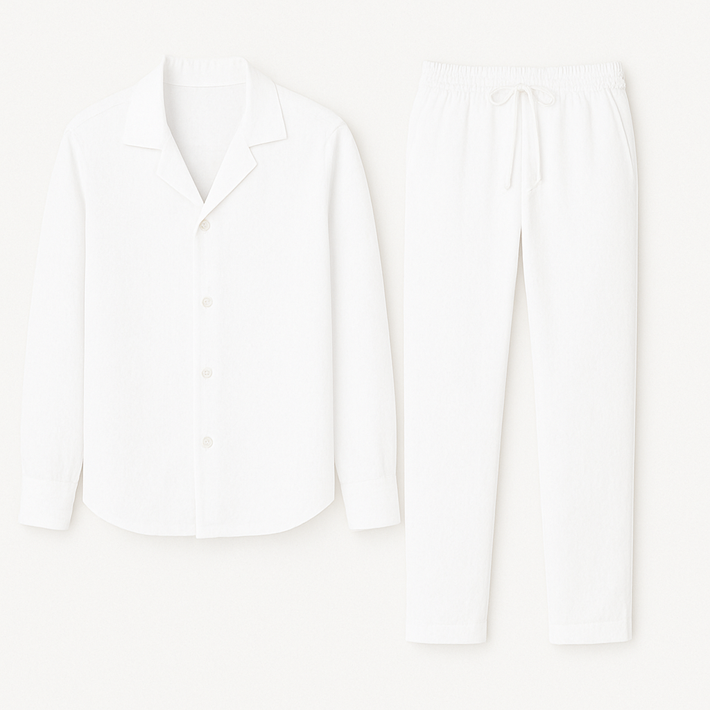 Pyjama blanc en lin pour homme, chemise à manches longues avec col à revers et pantalon à cordon, confortable et élégant pour la nuit.