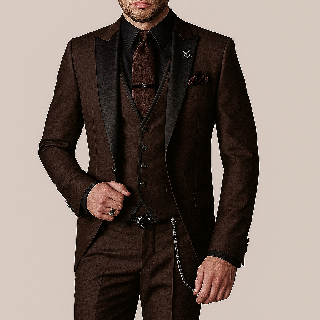 Homme en costume marron élégant avec cravate assortie, gilet et chaîne de montre, sur fond beige. Mode masculine, tenue formelle chic.
