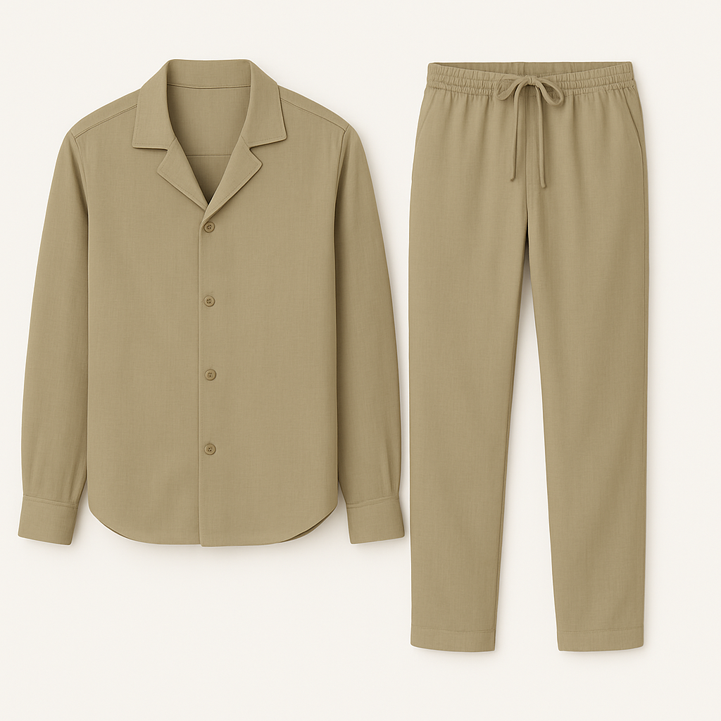 Pyjama beige en coton pour homme, composé d'une chemise à manches longues et d'un pantalon avec cordon, idéal pour le confort et le sommeil.
