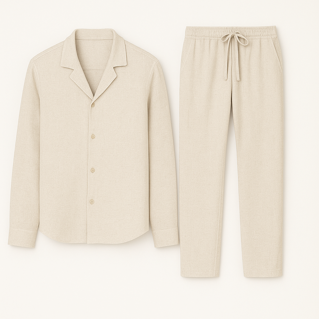 Pyjama beige en lin pour homme, ensemble chemise à manches longues et pantalon avec cordon, confortable et élégant, idéal pour la nuit.