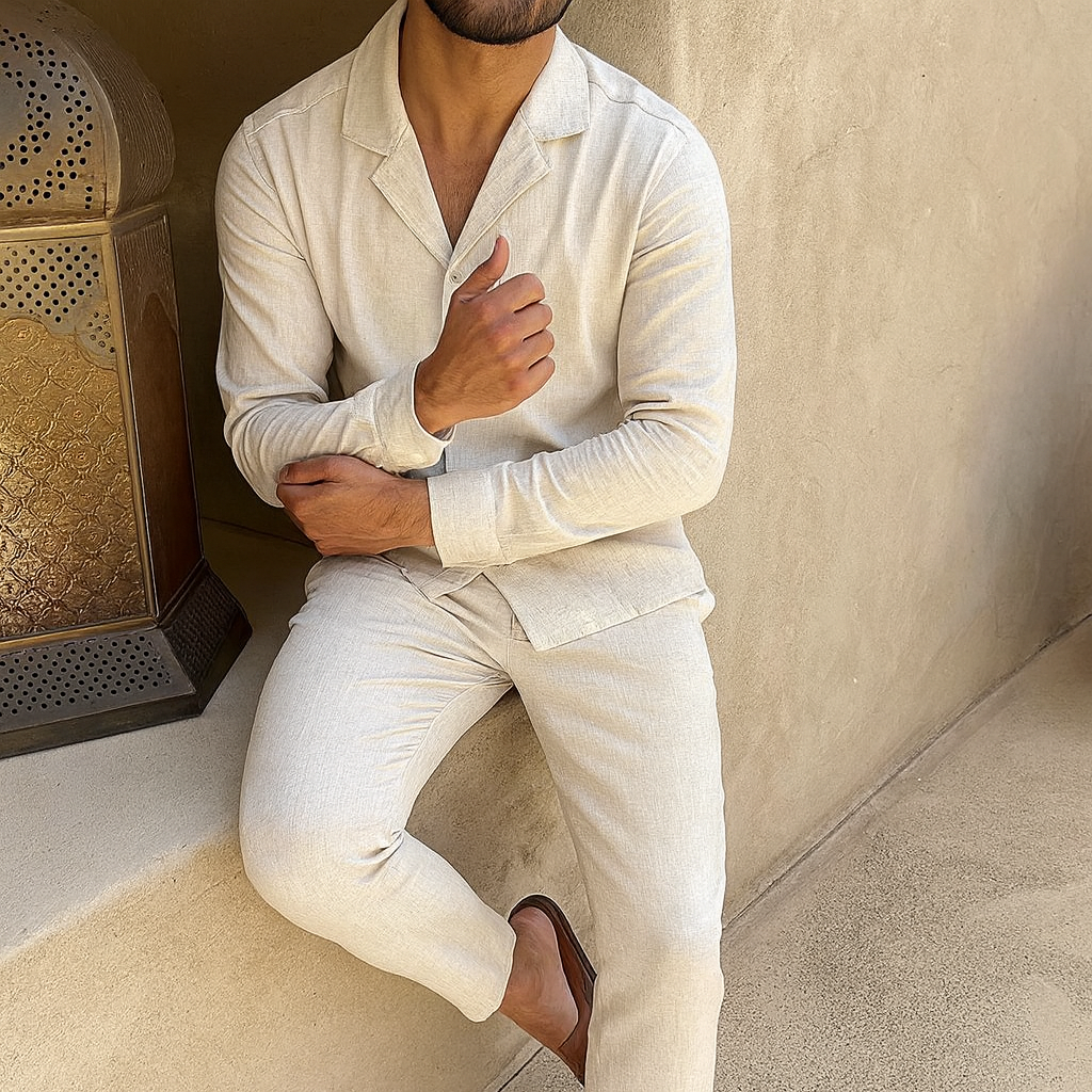 Homme en pyjama beige assis près d'une lanterne en métal, ambiance détente et confort, style décontracté, intérieur moderne.