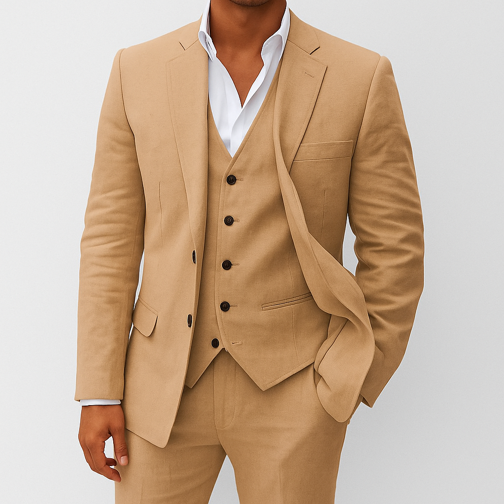 Homme en costume beige élégant avec chemise blanche, cravate absente, posant contre un fond neutre. Mode masculine, tenue formelle, style moderne.