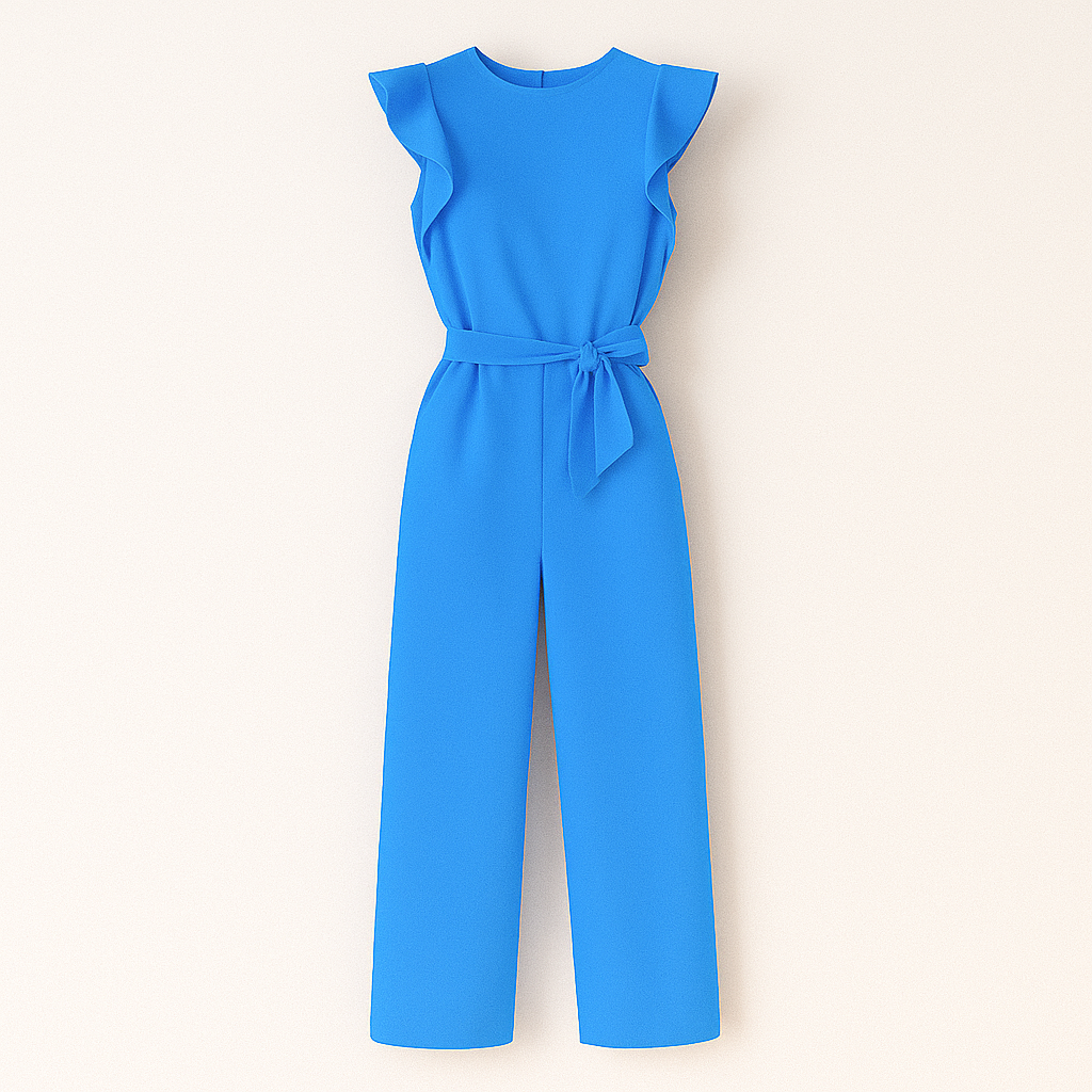 Combinaison bleue élégante avec manches à volants et ceinture nouée, mode féminine tendance, vêtement chic pour occasions spéciales.