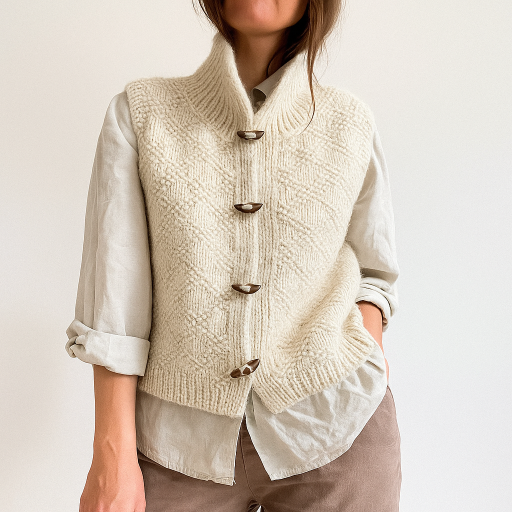 Gilet en laine tricoté à la main avec boutons en bois, porté sur une chemise beige. Mode automne-hiver, style décontracté et élégant.