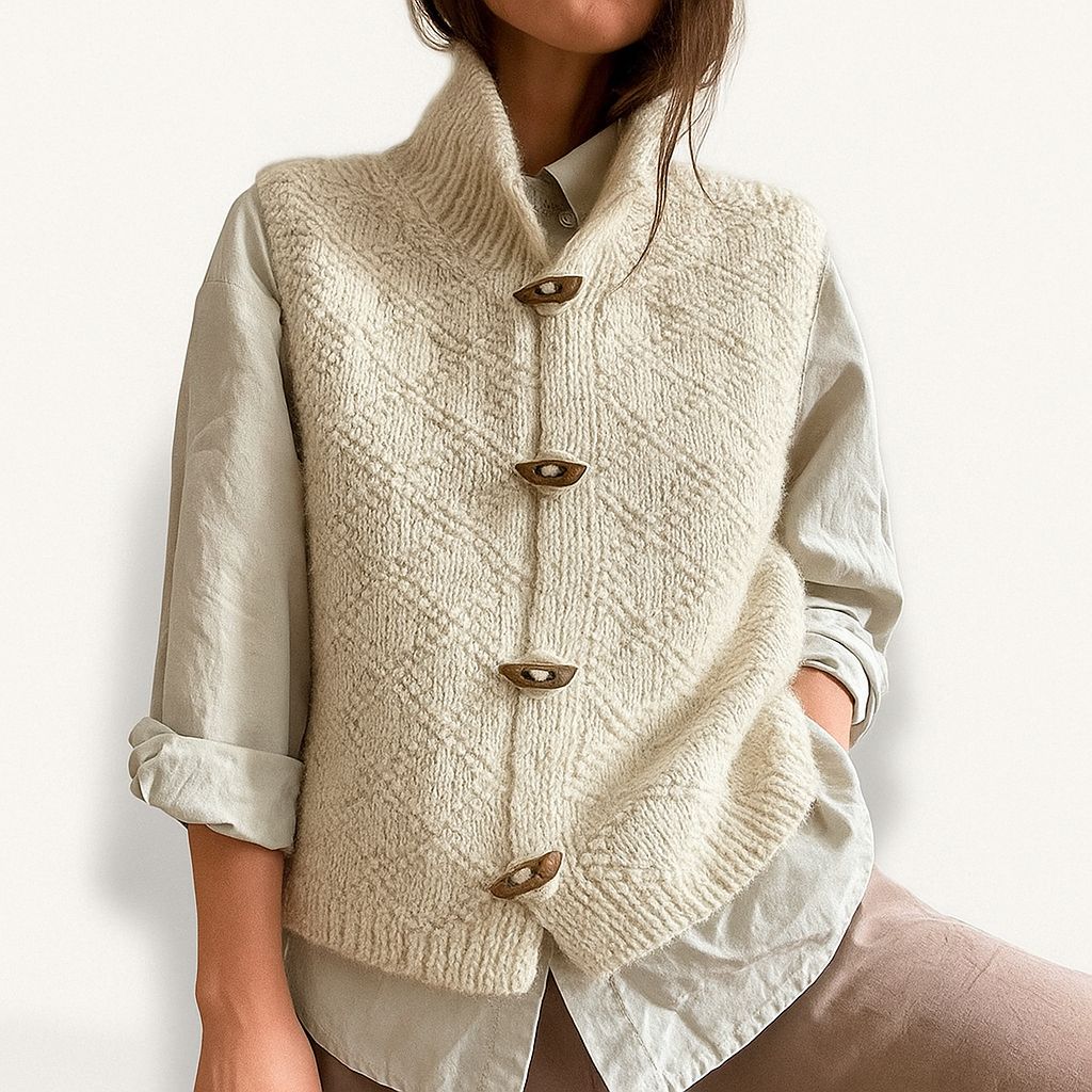 Gilet en laine beige avec boutons en bois, porté sur une chemise blanche. Mode automne-hiver, style décontracté et élégant.