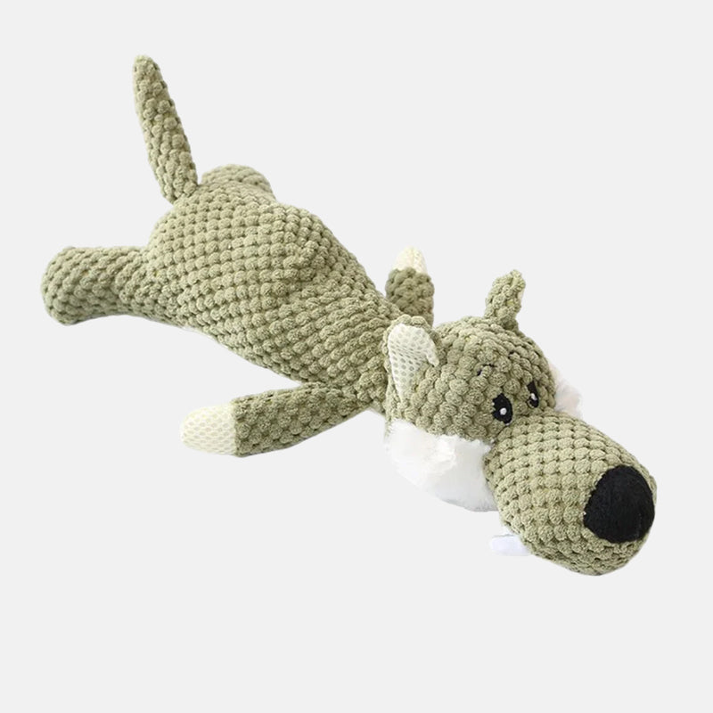 Peluche loup vert en tissu texturé, jouet pour enfants, design mignon et doux, idéal pour câlins et décoration de chambre d'enfant.