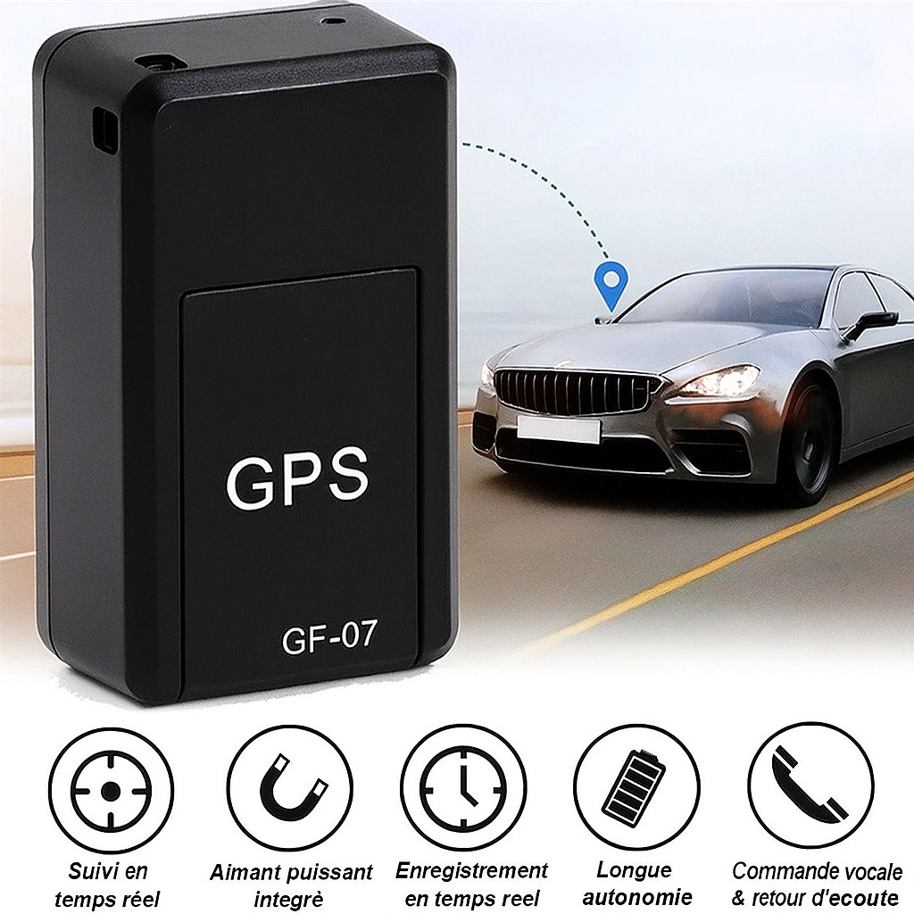 Traceur GPS portable GF-07 avec aimant intégré, suivi en temps réel, longue autonomie, commande vocale, idéal pour voiture et sécurité.