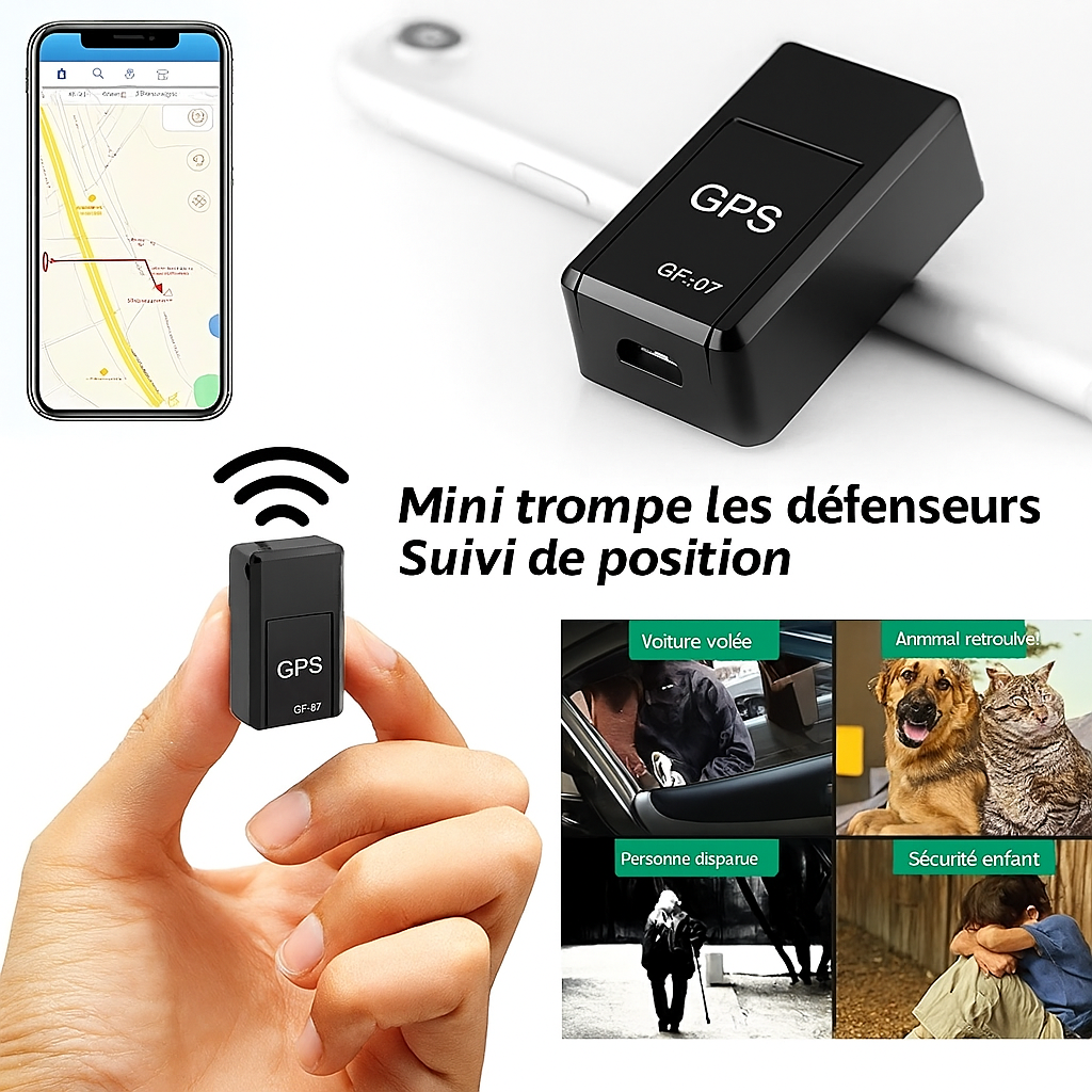 Mini traceur GPS noir GF-07, suivi de position, localisation en temps réel, sécurité, antivol voiture, retrouvailles animaux, personnes disparues.