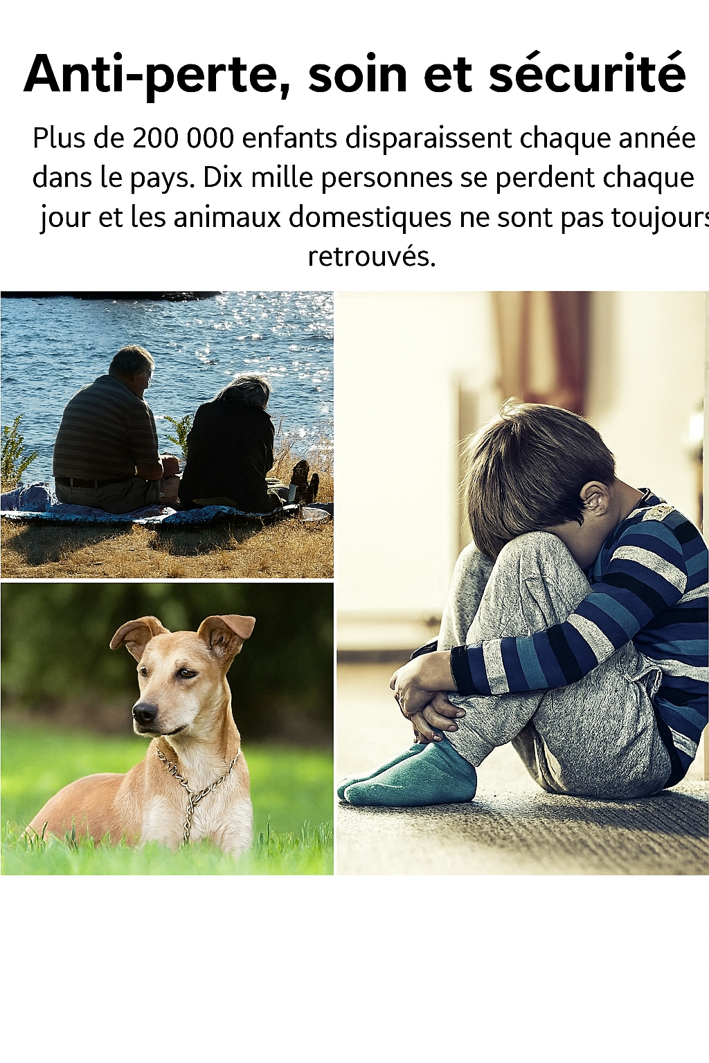 Homme et femme assis près d'un lac, enfant triste assis, chien avec collier. Sécurité, prévention des disparitions, protection des proches.