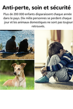 Homme et femme assis près d'un lac, enfant triste assis, chien avec collier. Sécurité, prévention des disparitions, protection des proches.
