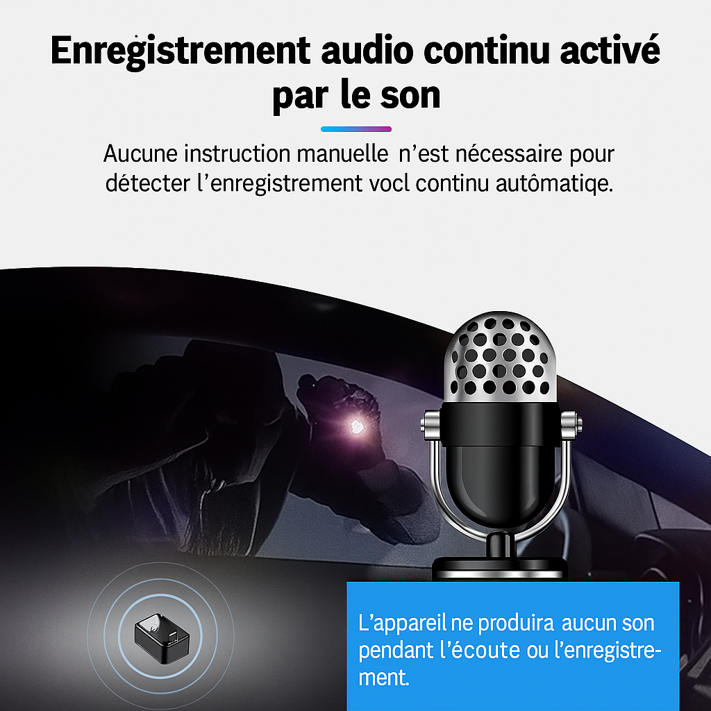 Microphone rétro sur fond sombre, texte sur l'enregistrement audio activé par le son, technologie de détection vocale automatique, interface utilisateur moderne.