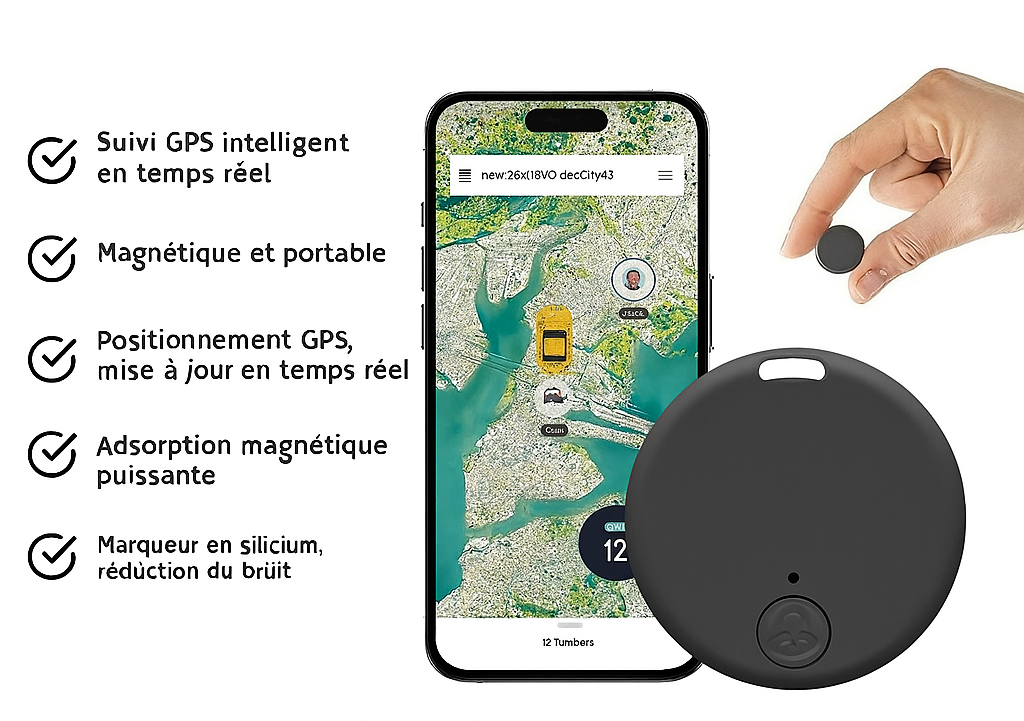 Dispositif de suivi GPS magnétique portable, affiché avec une carte sur smartphone, mise à jour en temps réel, adsorption puissante, réduction du bruit.